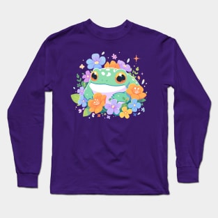 Froggy Kawaii Baby Frog With Beautiful Flowers Long Sleeve T-Shirt